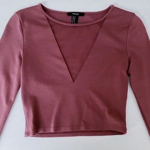 Long Sleeve Crop Top with Mesh V Neck